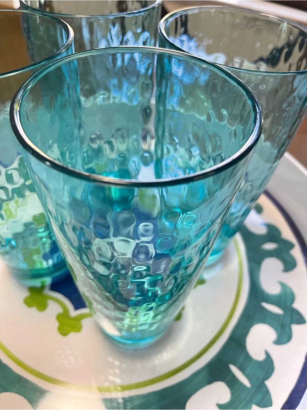 Blue Textured Glass Tumbler Set with tray